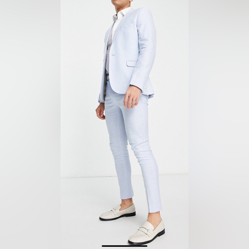 ASOS DESIGN Wedding super skinny suit jacket in linen mix blue puppy tooth plaid